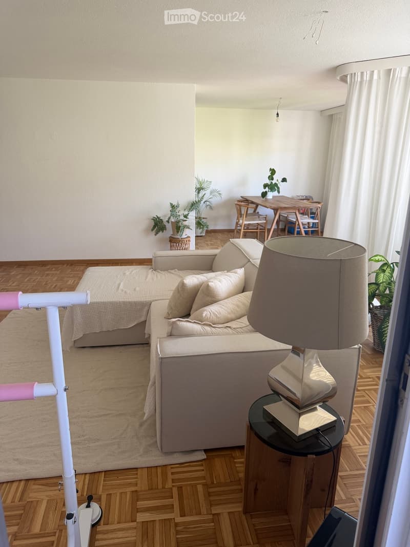 Living room with a beige sofa, a small round table with a lamp, a dining area with a table and chairs, and several potted plants.