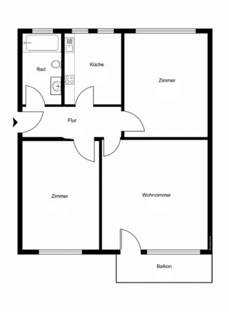 Floor plan of a 3-room apartment with a living room, two bedrooms, kitchen, bathroom, and balcony.