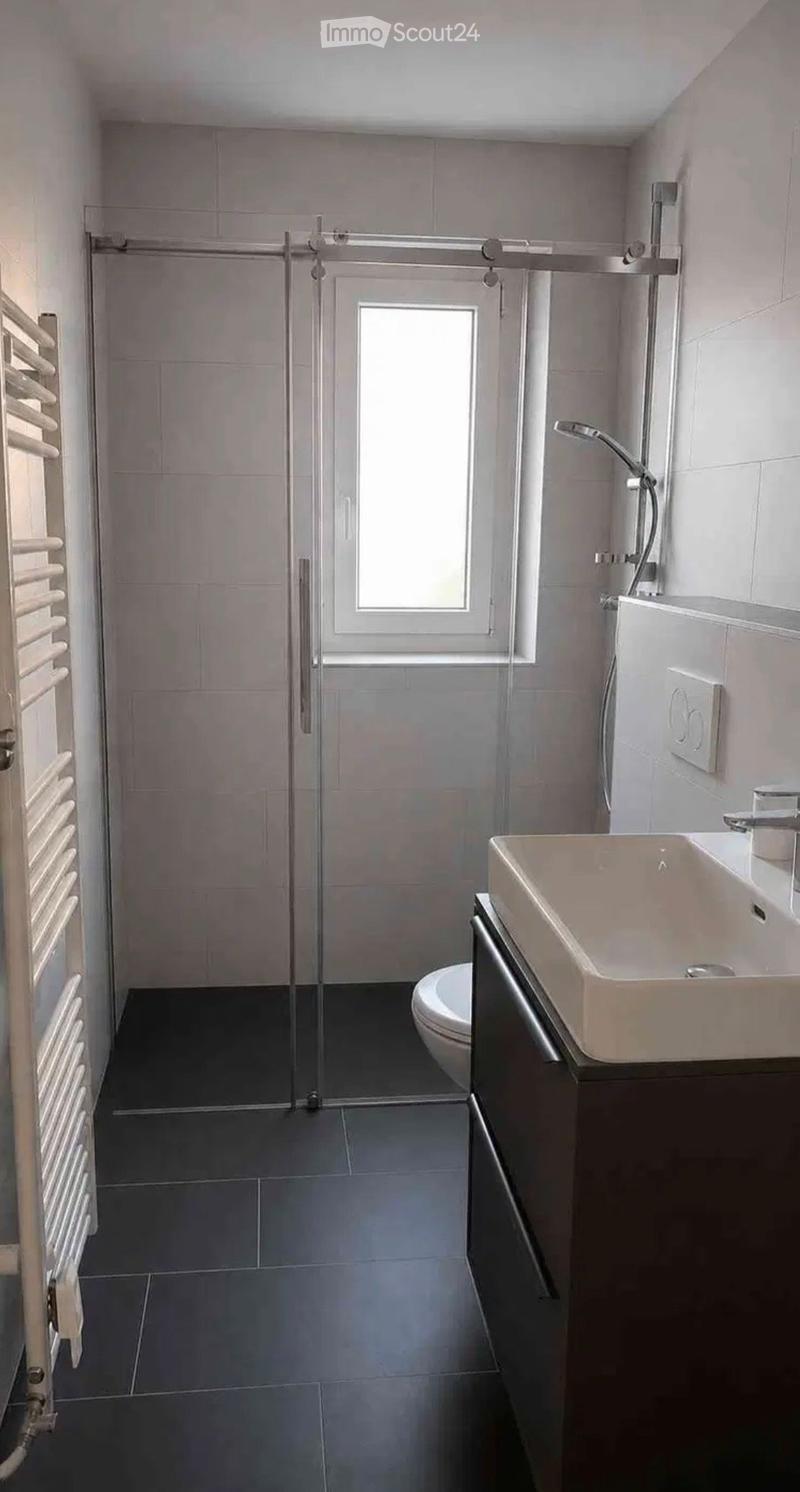 Modern bathroom with dark tiled floor, white sink, toilet, glass shower enclosure, and radiator.