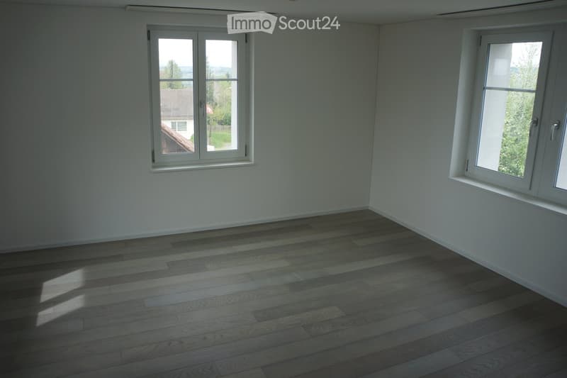 Empty room with light-colored walls and wooden flooring, featuring two windows with white frames and blinds.
