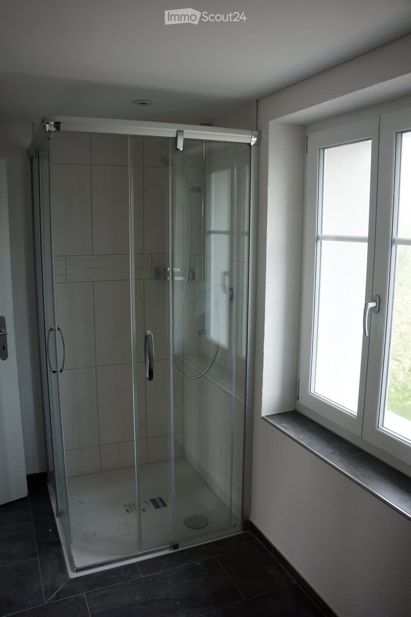 Modern bathroom with a glass-enclosed shower stall, dark tiled floor, and a window with a small shelf.