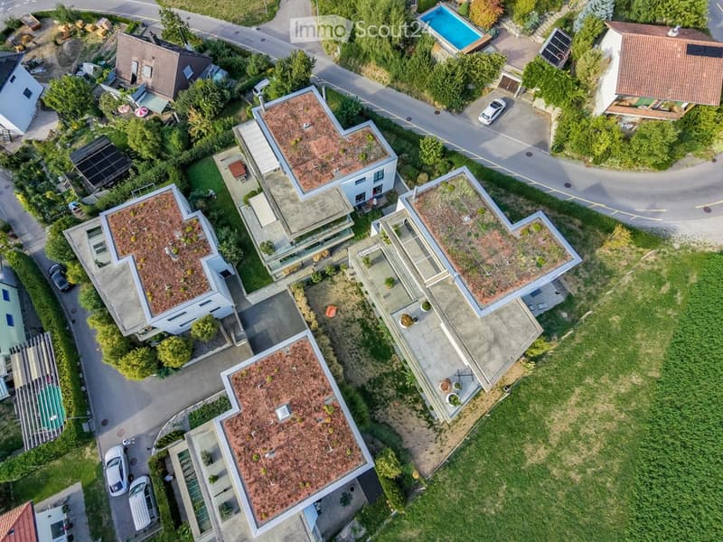 Aerial view of a residential area with multiple modern houses, green roofs, a swimming pool, and parked cars.
