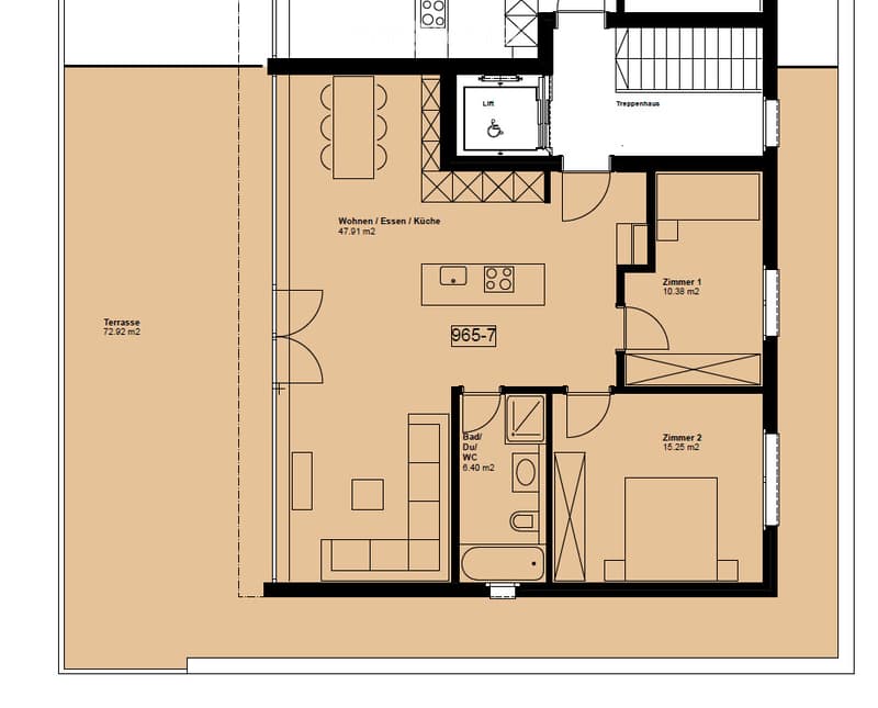Floor plan of a 3-room apartment with a living/dining/kitchen area, two bedrooms, a bathroom, and a terrace.