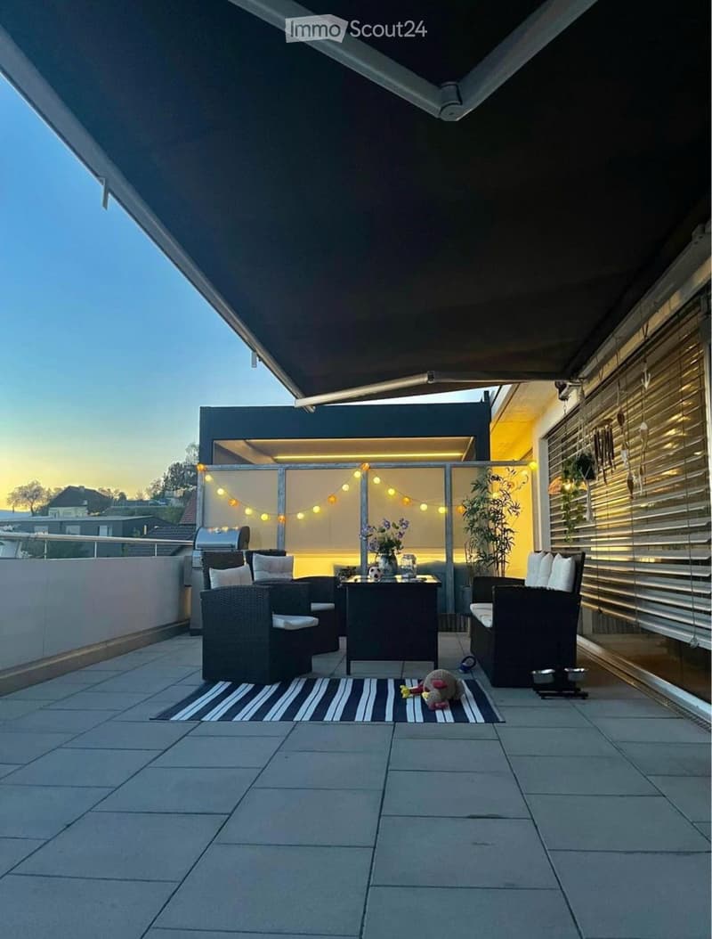 Modern rooftop terrace with a dining table, chairs, vase with flowers, rug, and a small toy on the floor.