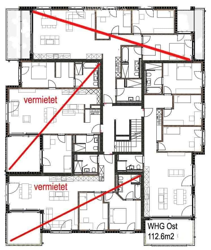 Floor plan of a multi-unit building with several apartments, marked as 'vermietet' (rented) in red lines. Includes labeled area 'WHG Ost' (apartment east) with a size of 112.6m².