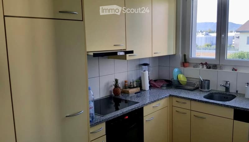 Modern kitchen with light-colored cabinets, granite countertop, built-in oven, sink, and various small appliances and dishes neatly arranged.