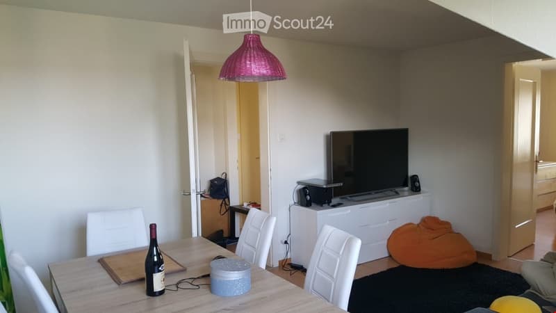A modern living room with a dining table, chairs, a TV, a lamp, and a sofa.