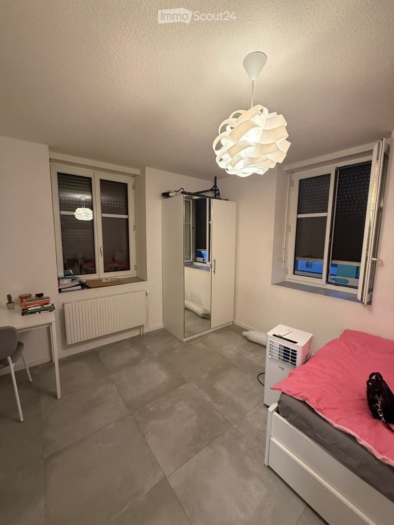 Cozy bedroom with a bed, desk, chair, mirror, radiator, air conditioner, and a modern lamp.