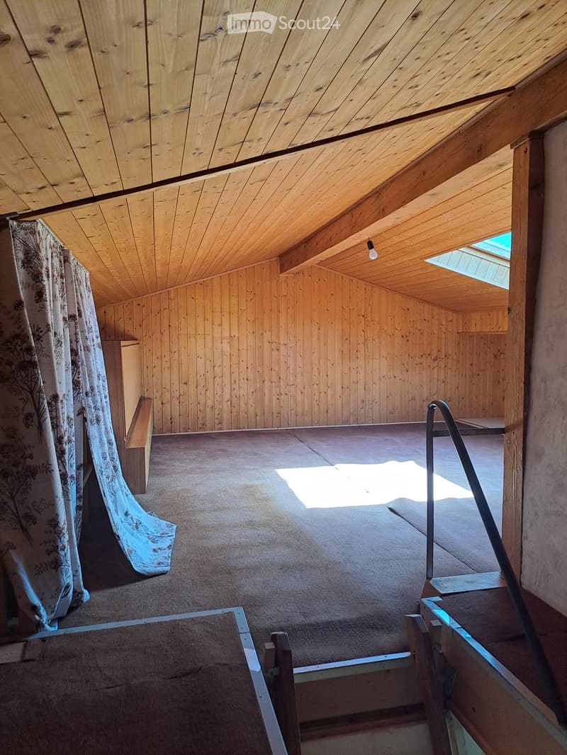 empty room, wooden walls, wooden ceiling, carpeted floor, skylight, wooden bench, wooden cabinet