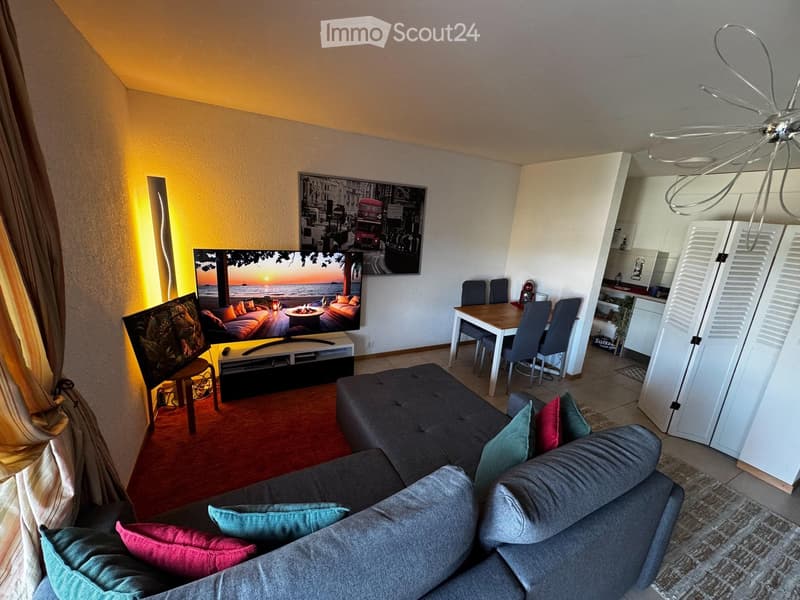 Modern living room with a grey sectional sofa, colorful throw pillows, a flat-screen TV on a stand, a dining table with chairs, and a small kitchen area with white cabinets.