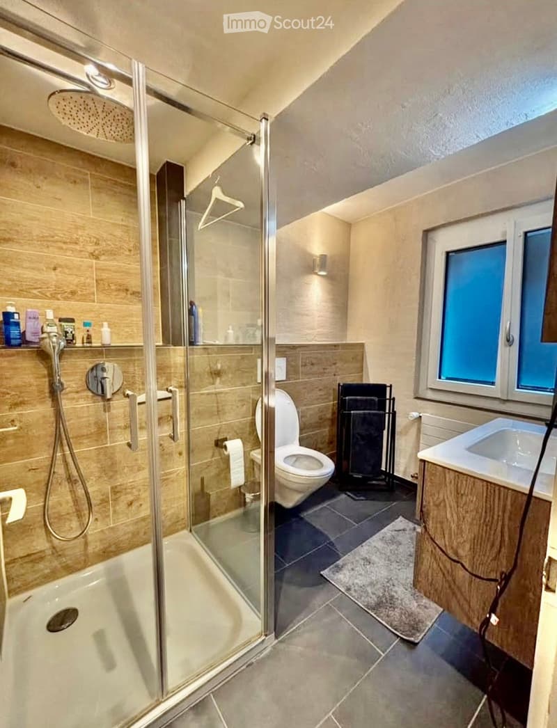 Modern bathroom with a glass-enclosed shower, toilet, sink, and wooden cabinetry. Features include a towel rack, a small window, and a built-in shelf with toiletries.