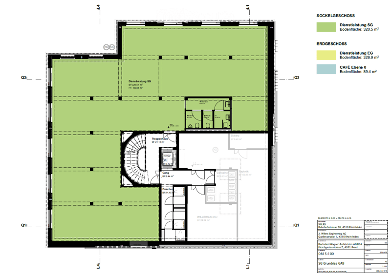 Floor plan of a multi-level building with labeled areas including service areas, cafe, staircase, and technical rooms.