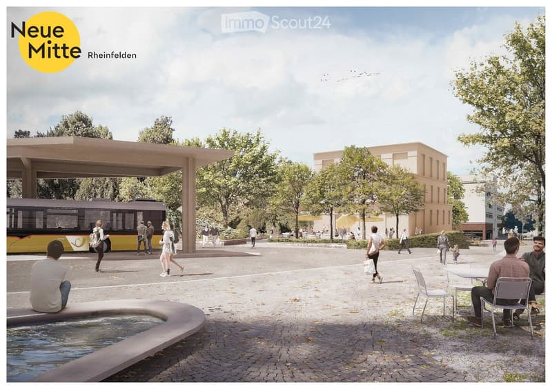 Public square with paved ground, people walking, sitting, and enjoying the area. Features include a modern bus stop shelter, a small water feature, and surrounding trees and buildings.