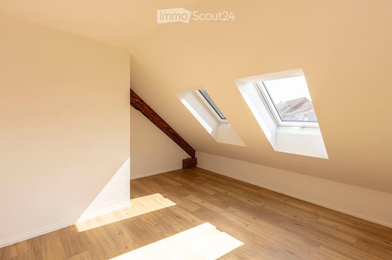 Empty attic room with wooden flooring, slanted ceilings, and skylight windows allowing natural light to enter.