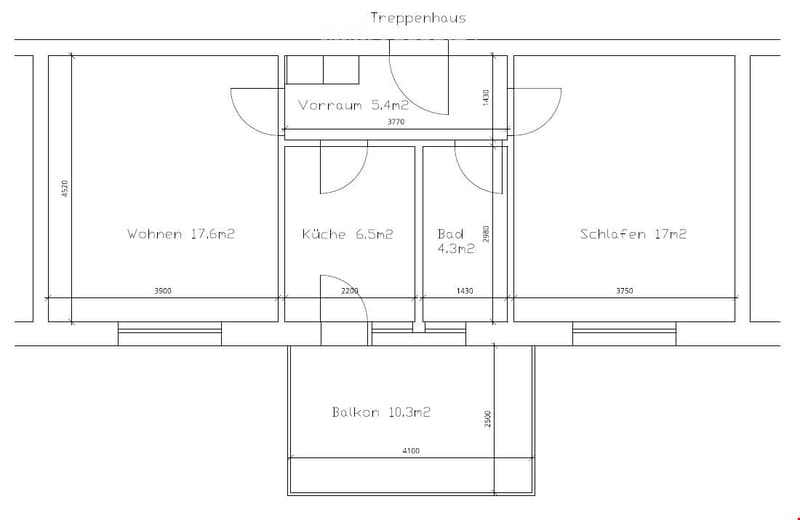 Floor plan of a 4-room apartment with living room, kitchen, bathroom, bedroom, hallway, and balcony.