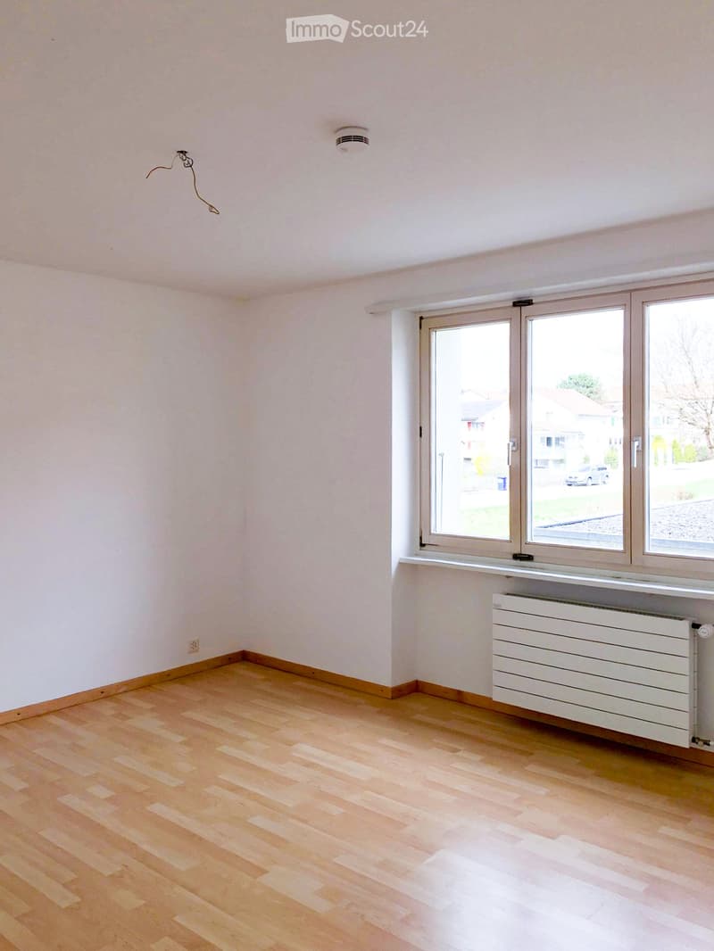 Empty room with light wooden flooring, white walls, large windows, and a radiator under the windows.