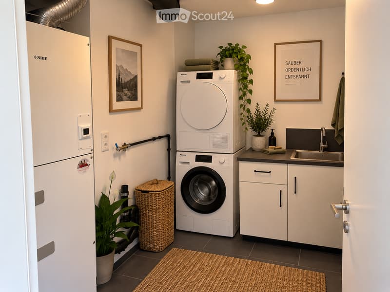 Modern bathroom with white cabinets, a sink, a washing machine, a dishwasher, and decorative plants.