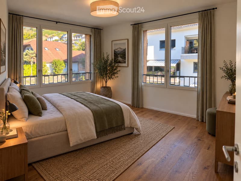 Modern bedroom with a large bed, nightstand, lamp, picture frame, potted plant, and a view of the city through large windows.