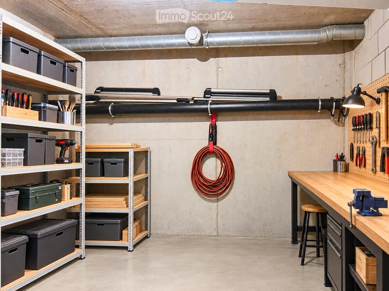 A well-organized basement or utility room with metal shelving units holding storage bins, tools, and a workbench with a vice and stool. A coiled cable hangs on the wall, and tools are mounted on a pegboard.