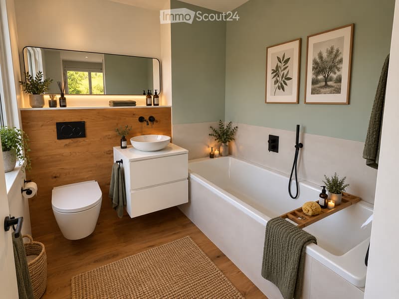 Modern bathroom with a white toilet, sink, bathtub, and large mirror. Features include a wooden vanity, green walls, and decorative plants.