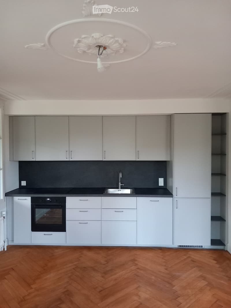 Modern kitchen with grey cabinets, a black countertop, a stainless steel sink, and an oven. The floor is made of herringbone-patterned wood.