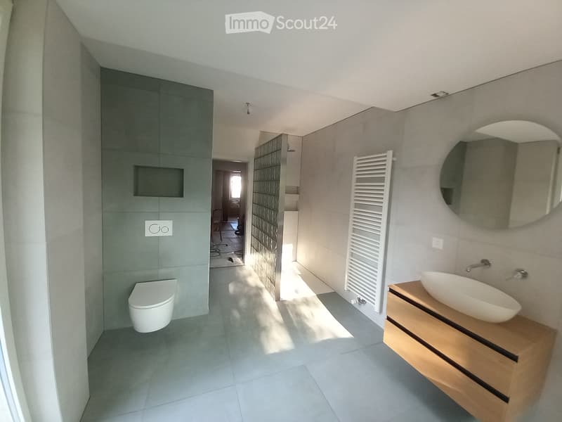 Modern bathroom with grey tiles, white toilet, wooden vanity with sink, large mirror, and radiator.