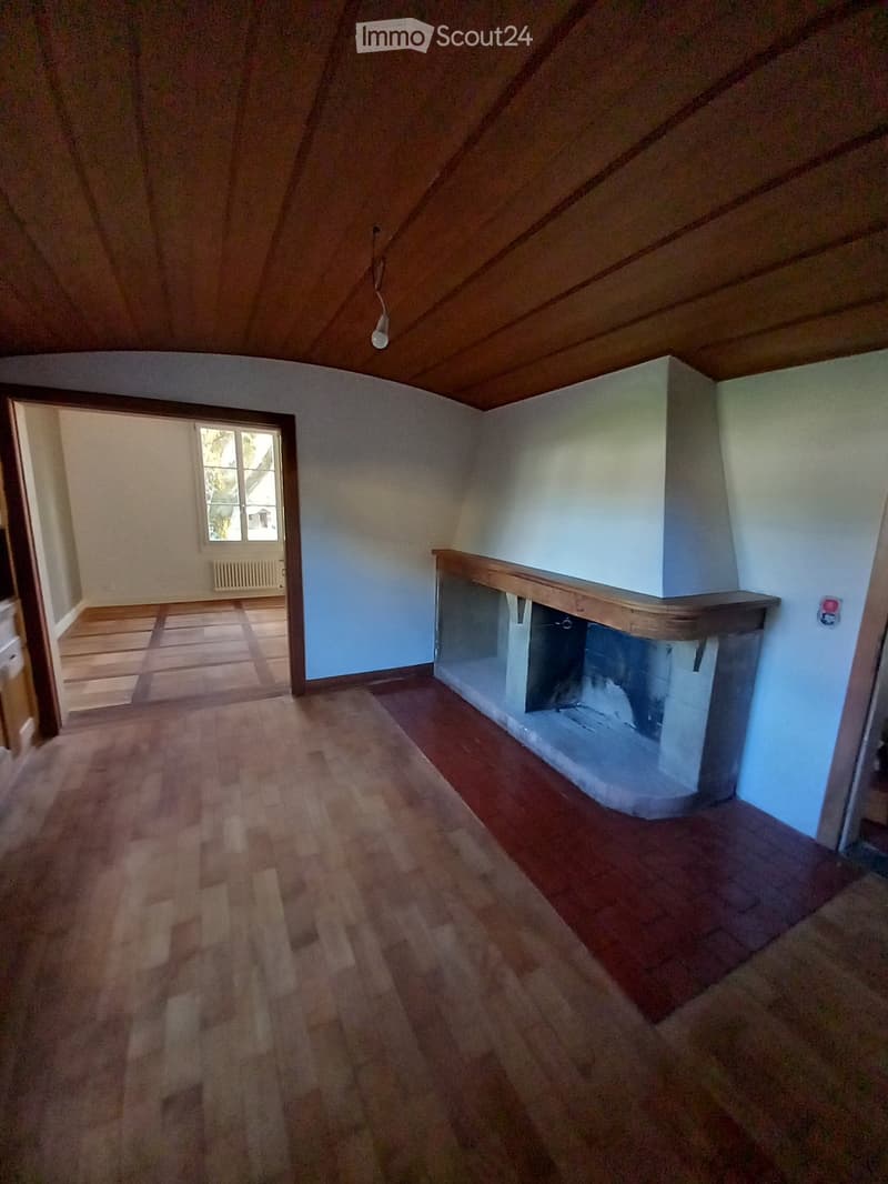 Empty room with wooden flooring, a fireplace, and a window in the adjacent room.