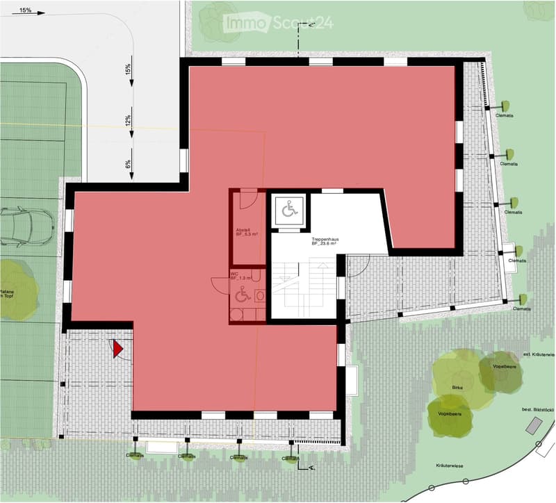 Floor plan with main living area, kitchen, two bedrooms, and a bathroom. Includes a wheelchair accessible area and a staircase.