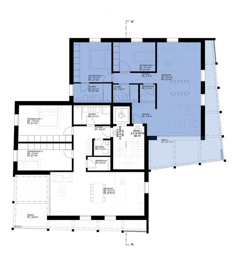 living room, 3 bedrooms, 2 bathrooms, kitchen, hall, balcony