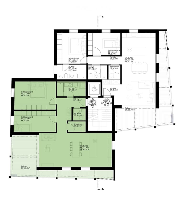 Floor plan with two bedrooms, living room, kitchen, bathroom, and balcony.