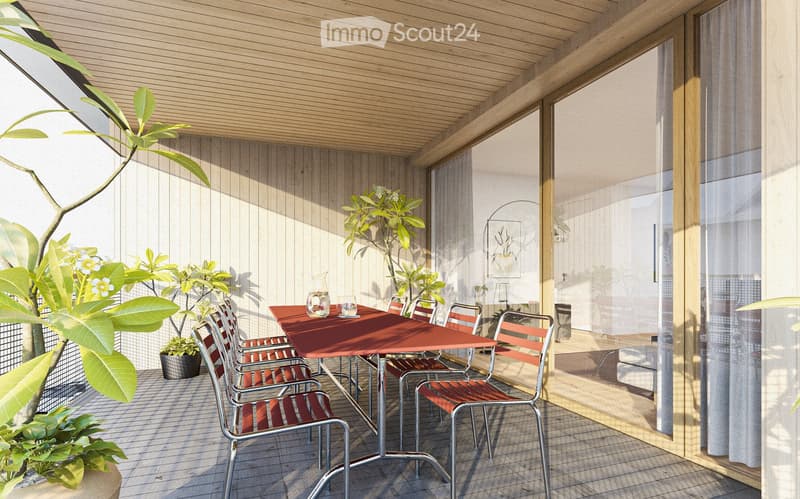 Outdoor dining area with a red table and chairs, surrounded by potted plants and a wooden ceiling.