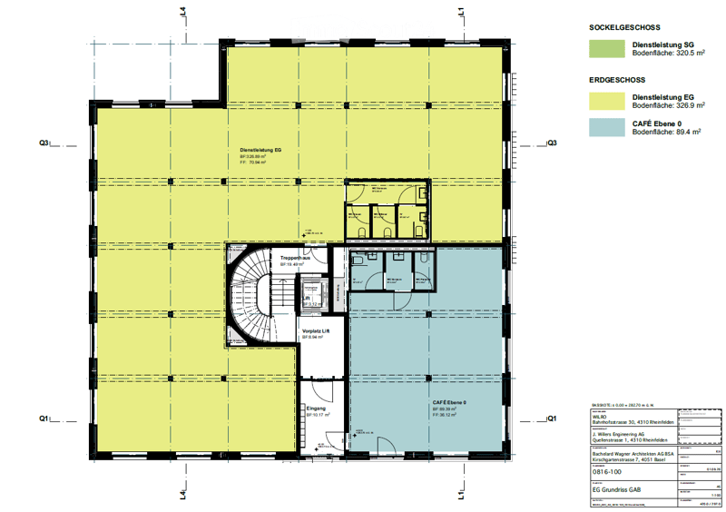 Ground floor plan showing a large open area, a cafe, service areas, and a circular seating area.