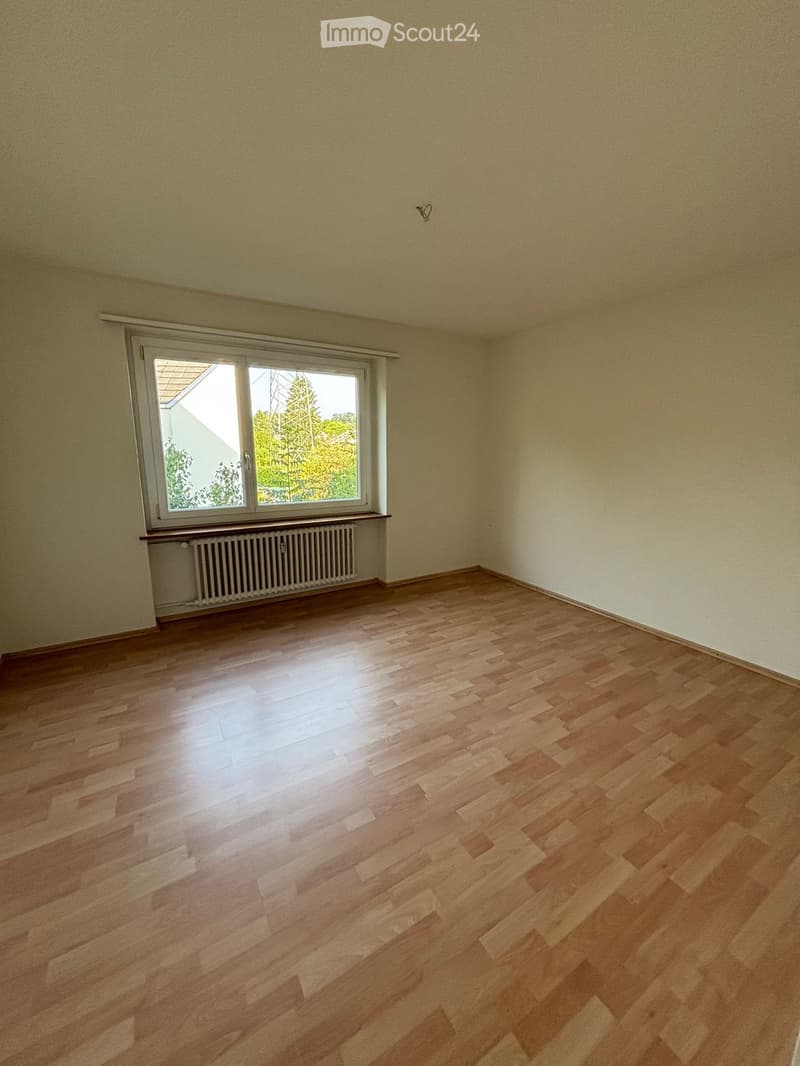 Empty room, wooden floor, large window, white walls, heater under the window