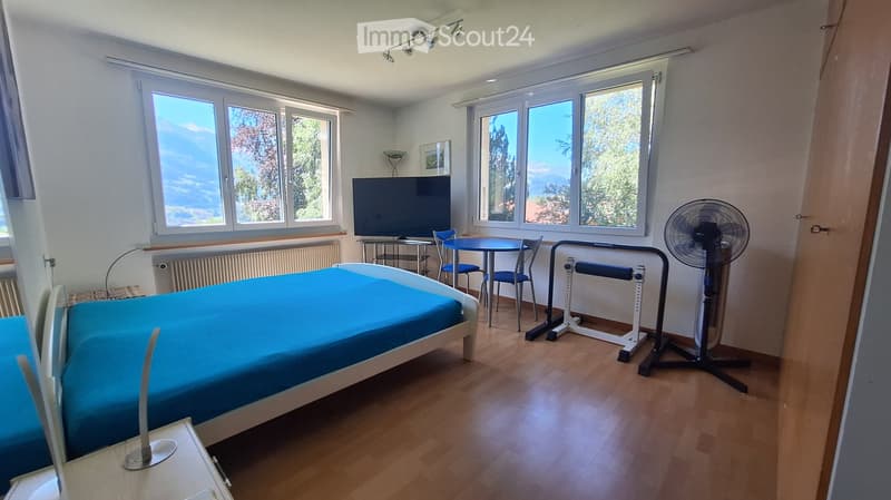 Bright bedroom with wooden flooring, large windows offering a scenic view, a bed with blue bedding, a small table with chairs, a fan, an exercise bike, and a television on a stand.
