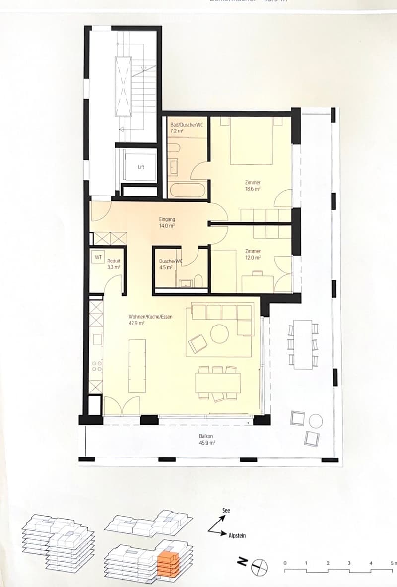 Floor plan of an apartment with living room, kitchen, dining area, two bedrooms, two bathrooms, and a balcony.