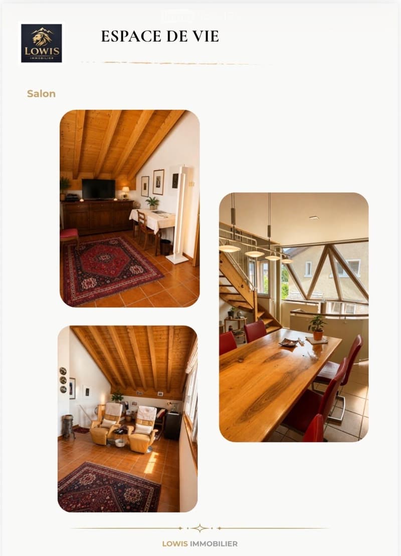 A cozy living room with wooden beams, a large rug, a television, a lamp, and comfortable seating including a sofa and chairs.