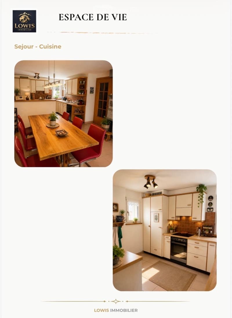 The image shows a modern kitchen and dining area with white cabinets, a wooden dining table with red chairs, and various kitchen appliances including a sink, oven, microwave, and refrigerator. The space is well-lit with pendant lights and has potted plant