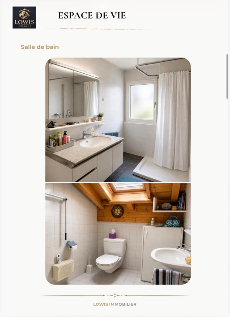 Two bathrooms shown: one with a sink, mirror, bathtub, and shower curtain; the other with a toilet, sink, and shelves. Both have modern fixtures and clean, bright finishes.