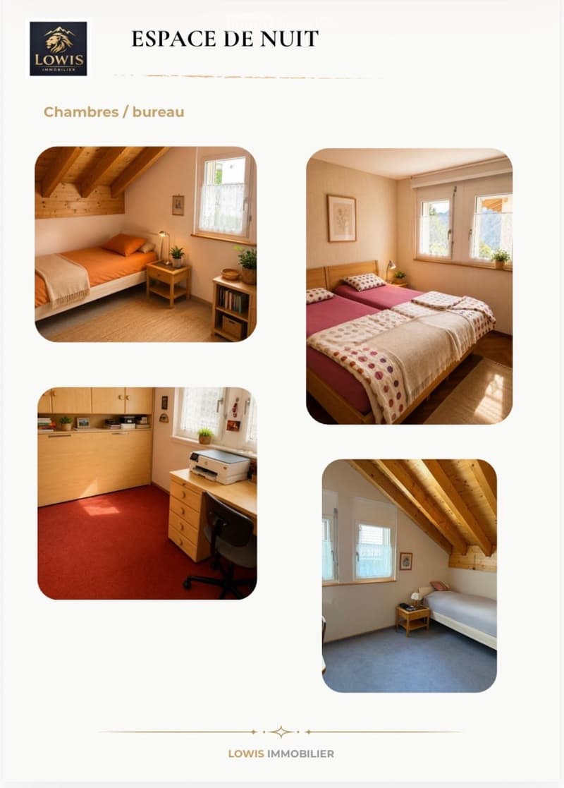 Four bedroom images showcasing various styles: single beds, double beds, desks, nightstands, and cabinets, with cozy decor and natural light.