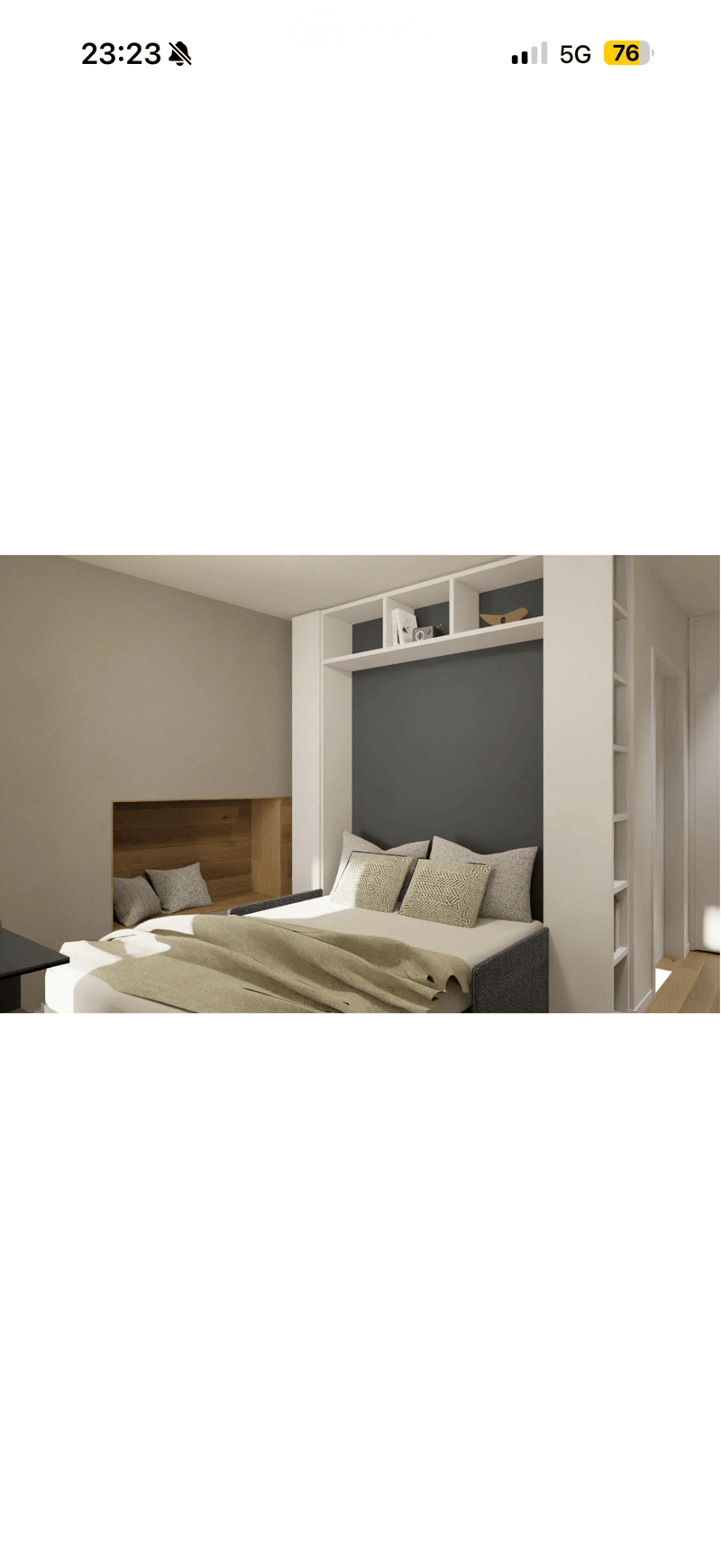 Modern bedroom with a large bed, patterned pillows, a beige blanket, a wooden nightstand, and built-in shelves with decorative items.