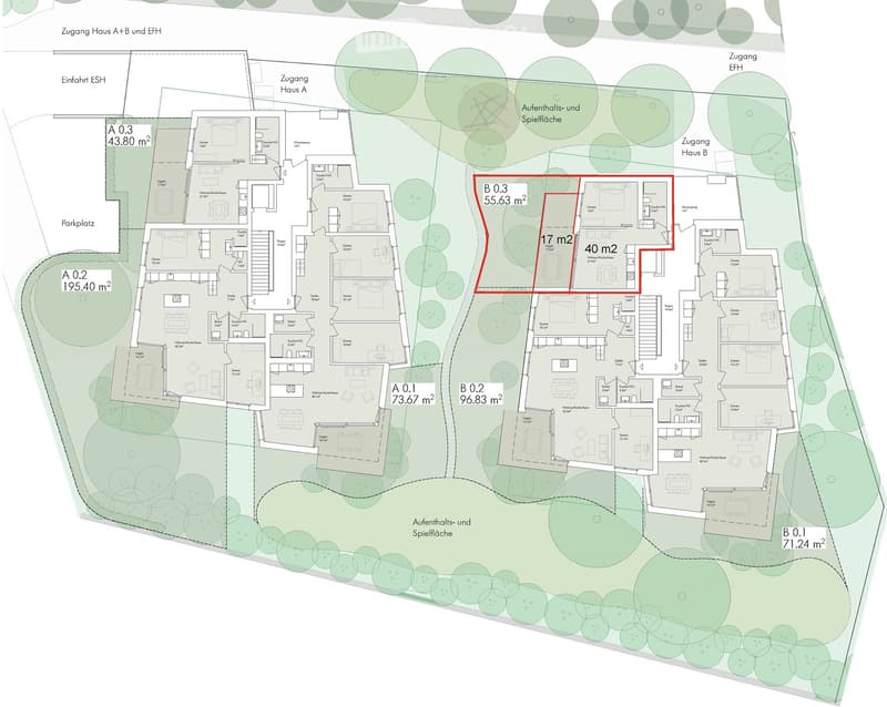 Floor plan of a multi-unit residential complex with labeled rooms and areas, including living spaces, bedrooms, bathrooms, and outdoor recreational areas.