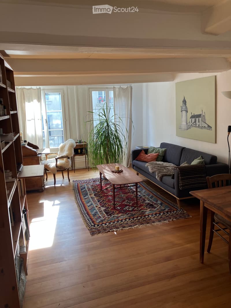 wooden floor, wooden bookcase, wooden chair, wooden table, couch, coffee table, rug, plant, large windows, painting on wall
