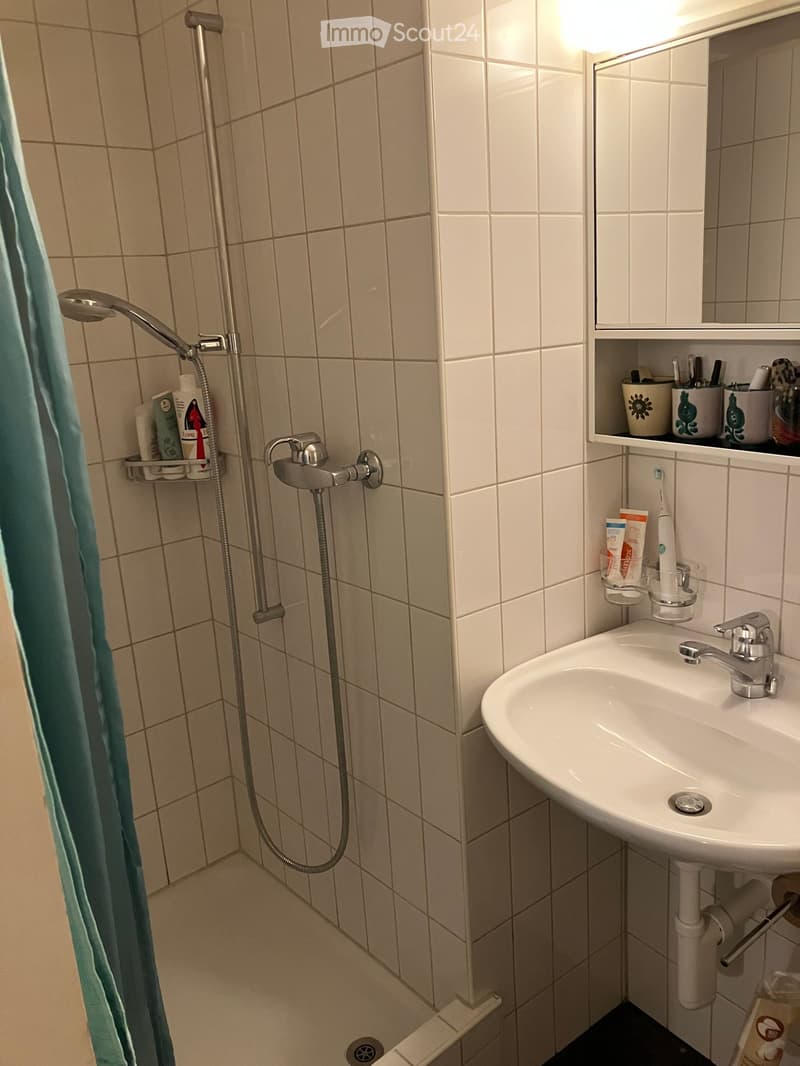 white tiles, shower area, sink, mirror, blue shower curtain