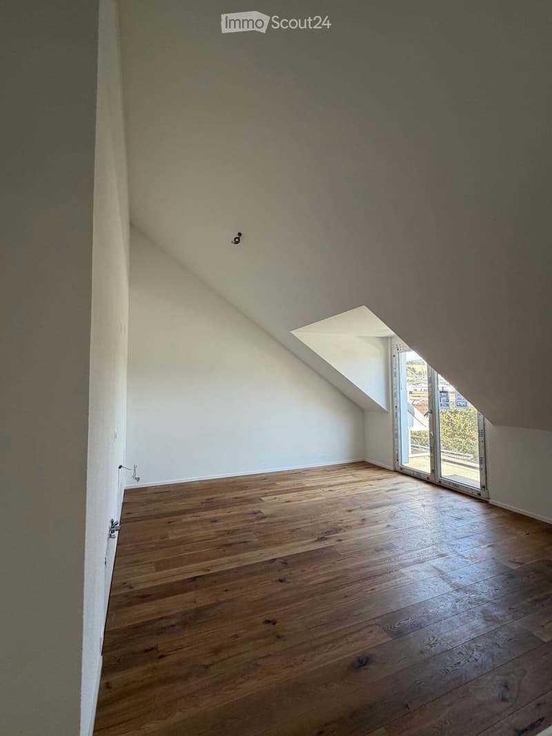 Empty attic room with wooden flooring, white walls, and a skylight window providing natural light.