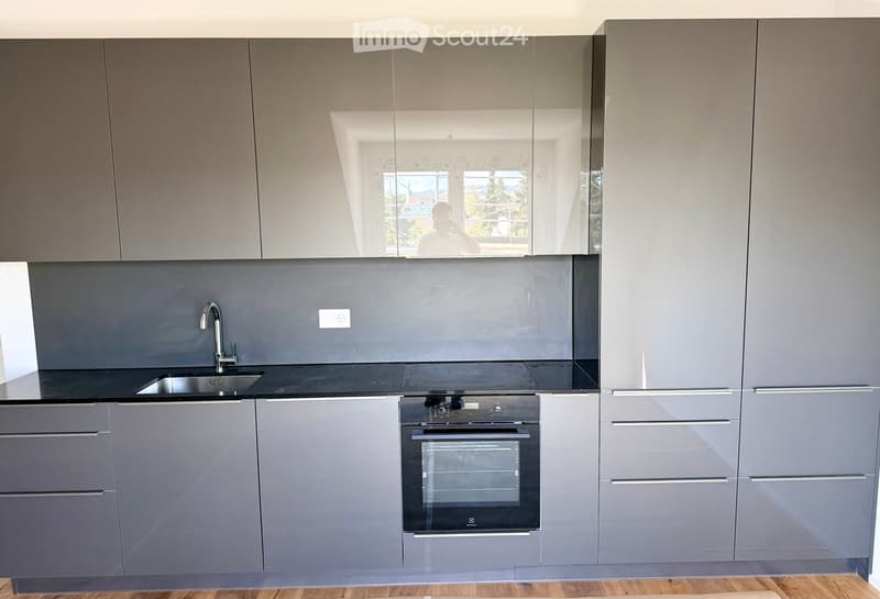 Modern kitchen with grey cabinets, a stainless steel sink, a built-in oven, and sleek countertops.