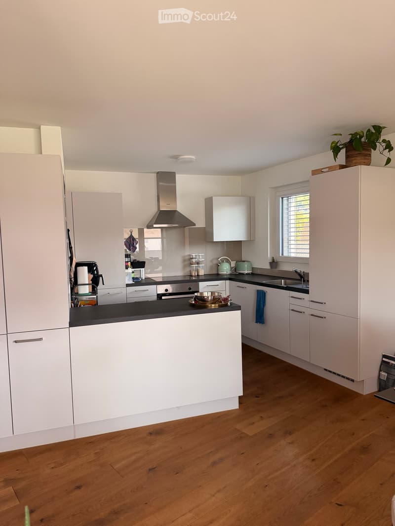 Modern kitchen with white cabinets, black countertops, wooden flooring, and stainless steel appliances including a range hood, oven, and sink.