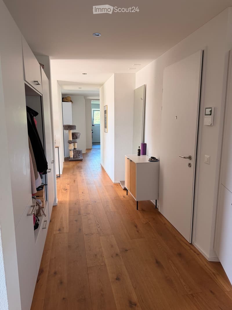 Bright hallway with wooden flooring, white walls, built-in storage units, and a small table with items on it. A cat tree is visible in the background.