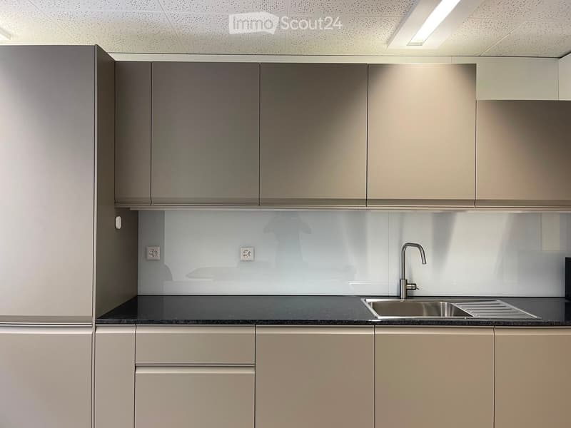 Modern kitchen with sleek, grey cabinets, a black countertop, and a stainless steel sink with a modern faucet.