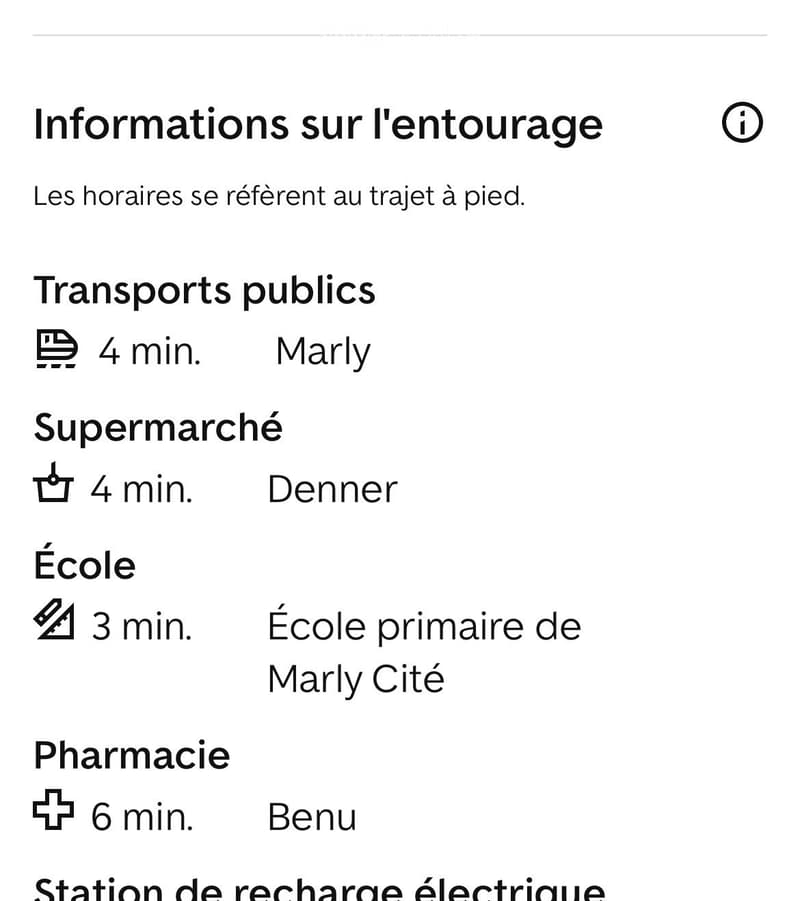 Information panel showing walking distances to public transport, supermarket, school, pharmacy, and electric charging station.