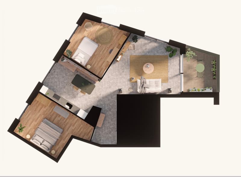 Floor plan of a modern3-bedroom apartment with open-plan living and dining areas, kitchen, and balcony.